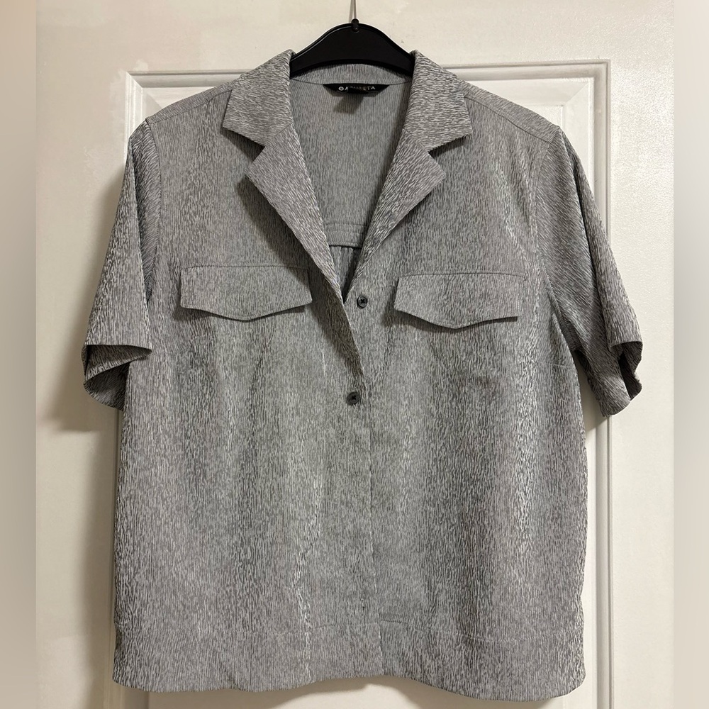 Athleta Gray Striped Button-Up Shirt
